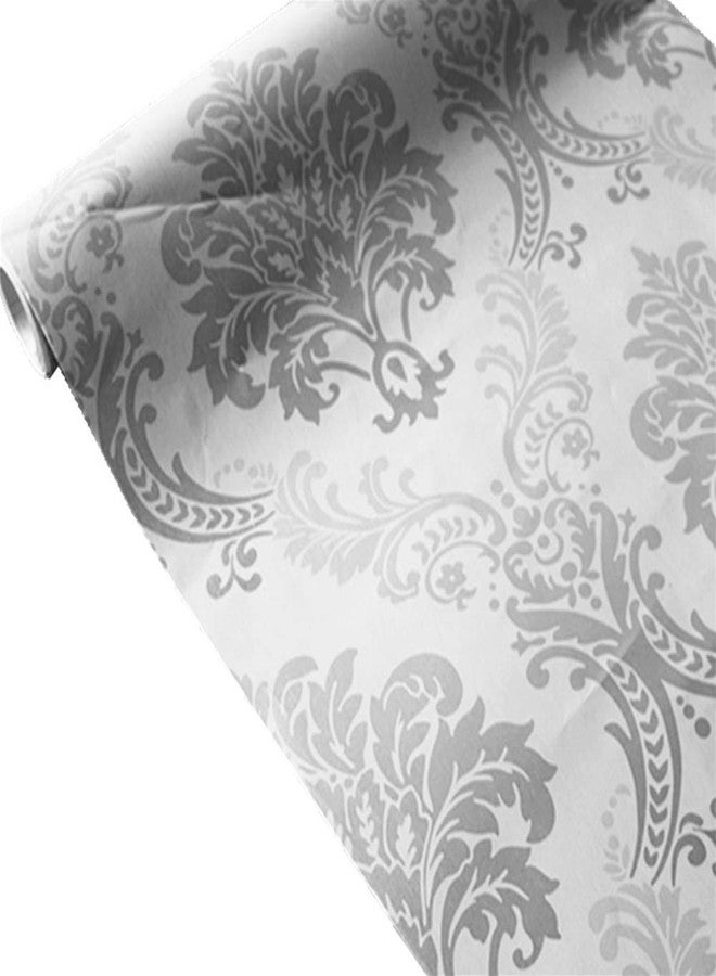 Yija ورق جدران فينيل لاصق من Yija Vintage White - Silver Floral Damasc، مناسب للخزائن والأدراج والمطابخ، مقاس 17.7 بوصة × 98 بوصة - Image 3